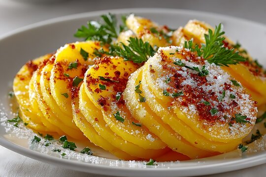 Sliced yellow yam with sugar dust and parsley image