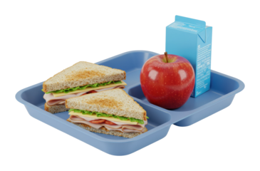 Healthy school lunch sandwich meal with and milk cafeteria setting food educational environment. Cut out png