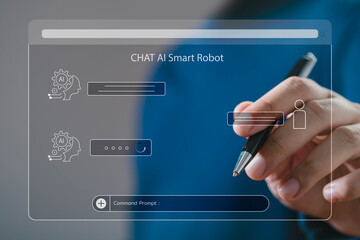 A hand holding a pen interacts with a transparent interface displaying AI chat options and commands.