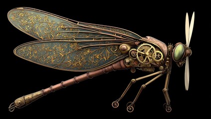 Steampunk dragonfly with intricate gears and ornate wings