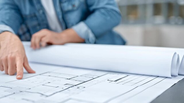 Close up of hands engineer and architect team look down and point and discussed about construction and architectural drawings works no helmet on table