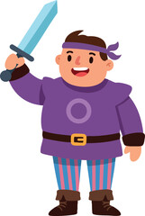 Young boy warrior holding sword in purple costume and striped pants vector illustration 