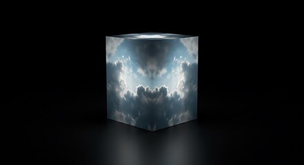 Mockup a dark cube with stormy clouds reflected on its surface
