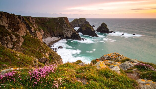 Serene coastal cliffs with turquoise waves crashing below, wildflowers blooming along rugged paths under a pastel sunset sky