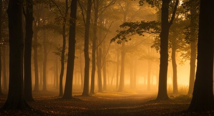Fototapeta premium Golden Sunlight Through Misty Forest at Dawn