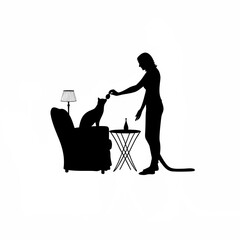 Pet owner gently feeding her tabby cat from hand silhouette isolated on white background