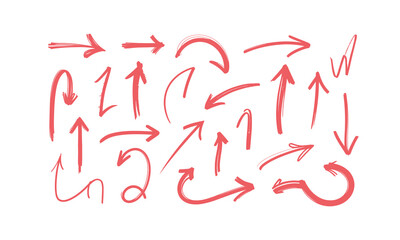 Collection of various red hand-drawn arrows with different styles, shapes, and directions. A simple and versatile set of vector design elements.

