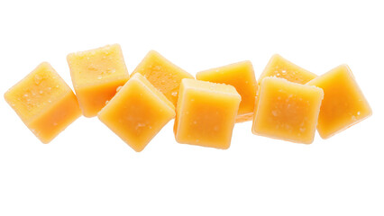 Cheese cubes arranged in playful manner, showcasing vibrant orange color and slightly moist surface, perfect for snacking or cooking