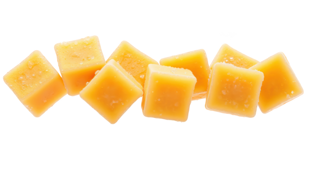 Cheese cubes arranged in playful manner, showcasing vibrant orange color and slightly moist surface, perfect for snacking or cooking