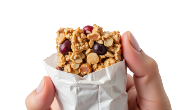 Healthy snack bar in hand, packed with nuts and grains, perfect for on go energy. Enjoy nutritious treat anytime