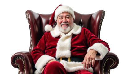 Cheerful Santa Claus in red suit, sitting comfortably in luxurious armchair, spreading holiday joy and warmth