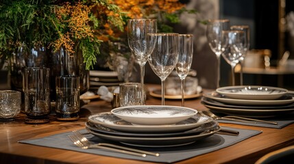 Elegant table setting with fine china, glassware, and autumnal decor