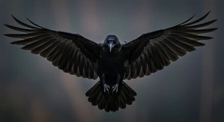 Obraz premium Black Crow in Flight Against a Dark Background