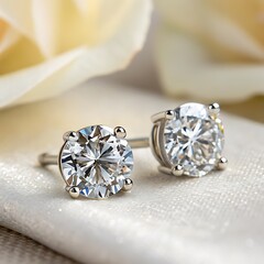 Luxury diamond engagement and wedding rings on a white silk background are precious metal jewelry accessories for love and fashion