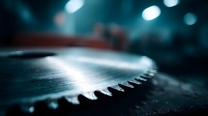 Close up of a sharp circular saw blade in an industrial setting