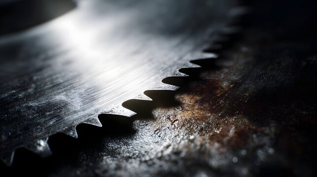 Closeup of a sharp serrated circular saw blade