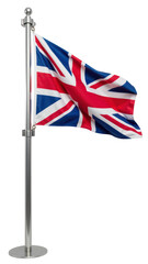 British flag waving on silver pole, symbolizing national pride and identity. vibrant colors of red, white, and blue create striking visual