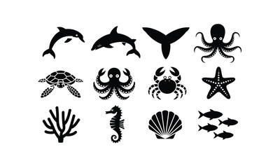 Set of black and white icons for marine life, including a dolphin, shark, octopus, turtle, crab, seahorse, coral, and starfish on a white background.


