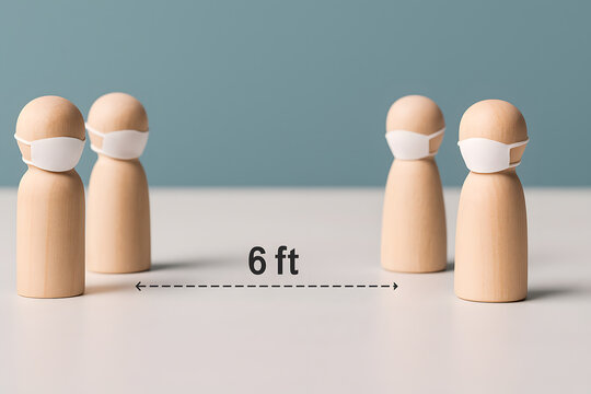 Wooden human figurines wearing protective face masks standing apart with six feet distance, social distancing concept for pandemic safety, health prevention and public awareness during contagious dise