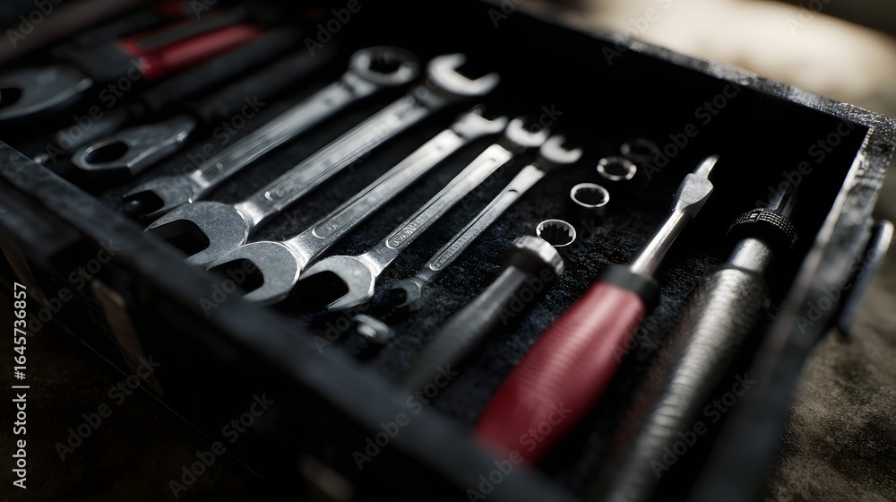 Poster a well organized toolbox with a variety of essential hand tools long title a compact and meticulousl