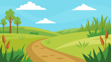 Obraz premium Cartoon Meadow with Tall Grass Path Nature Landscape Illustration