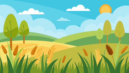 Obraz premium Cartoon Sunny Meadow with Tall Wild Grass Nature Landscape Illustration