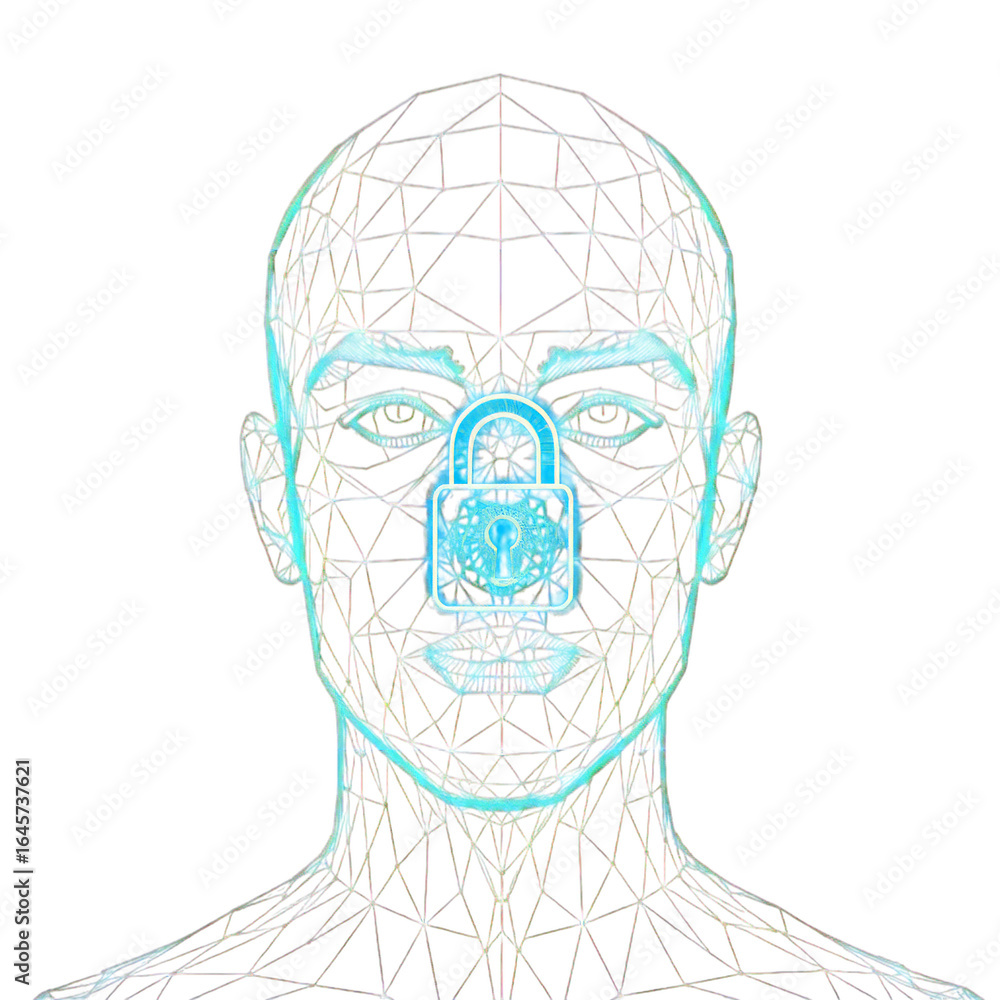Poster wireframe human face with a padlock on the nose, symbolizing security, privacy, and data protection,