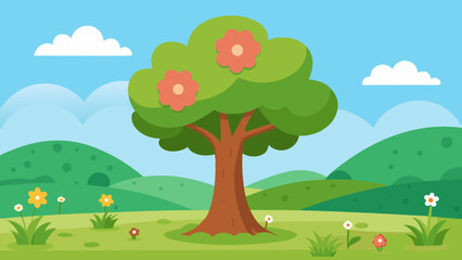 Fototapeta premium Cartoon Wildflower Meadow with Big Tree Nature Landscape Illustration