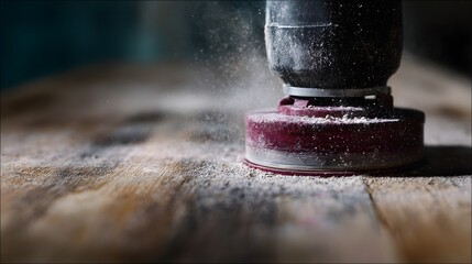 Electric sander smoothing wooden surface with sanding detail and lighting