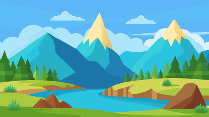 Naklejka premium Cartoon Peaceful Valley with Mountains Nature Landscape Illustration