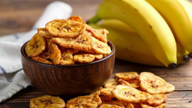 Golden banana chips in a wooden bowl with fresh bananas. They're perfect for snacking, and they offer a nice crunch with a touch of sweetness