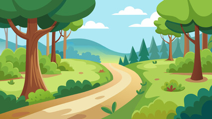 Fototapeta premium Adventurous Cartoon Nature Trail Through Forest with Green Shrubs