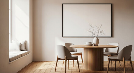 Modern dining room interior with wooden table, chairs, and blank frame on wall