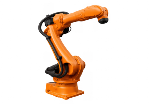Orange robotic arm moving on transparent background