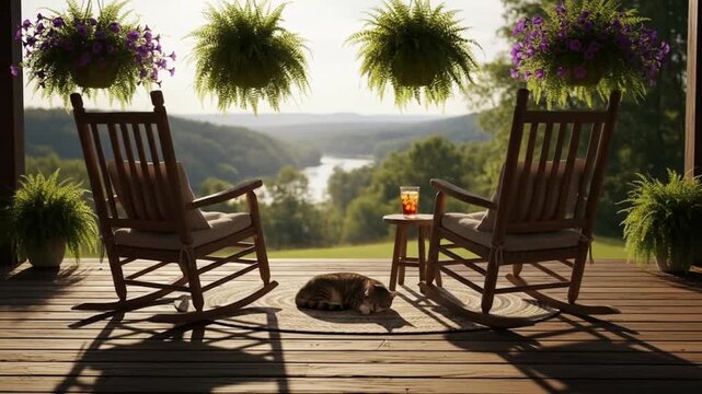 Peaceful Country Porch Rocking Chairs, Cat Napping, Scenic View