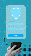 Art collage, Secure login process on a mobile device with a blue background and shield icon
