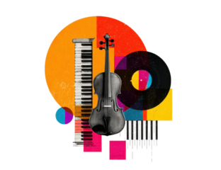 Abstract colorful music illustration with piano keys and violin in modern artistic design