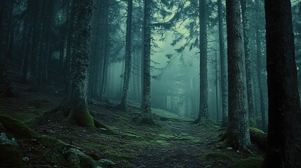 Fototapeta premium Enigmatic Forest Path. Mystical Journey Through Misty Woods