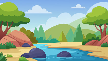 Obraz premium Charming Cartoon Riverside with Rocks Bushes and a Distant Forest
