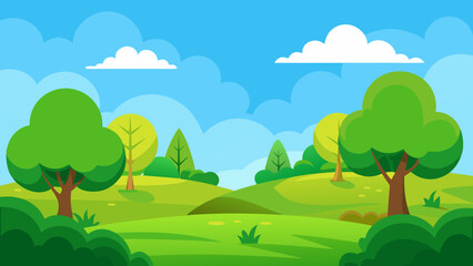 Obraz premium Bright Cartoon Green Field with Bushes and Trees Under Blue Sky