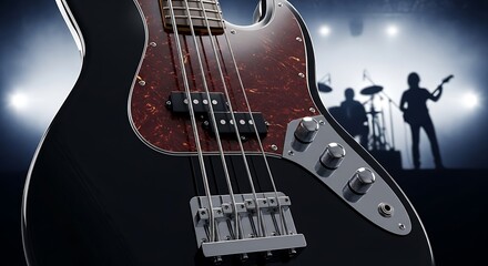 Electric Bass Guitar on Stage with Band Silhouettes