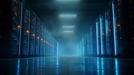 Dark server room with neon lighting