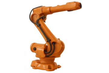 Orange robotic arm extending on transparent background
