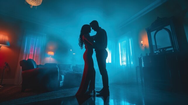 Silhouettes of a couple embracing in a dimly lit room - Powered by Adobe