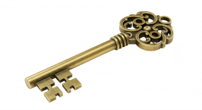 Antique Gold Key Isolated On Transparent Background - Powered by Adobe