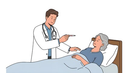 illustration Doctor checking temperature of bedridden elderly female patient with thermometer on isolated white background