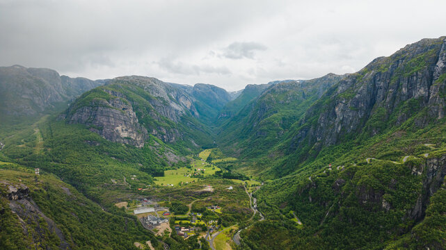 Aerial View of Lysebotn, Norway with Cliffs and Winding Roads