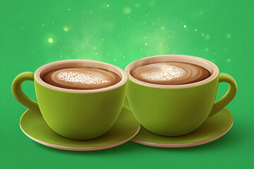 Two green coffee cups with frothy tops on saucers, set against a vibrant green background, creating a cozy atmosphere