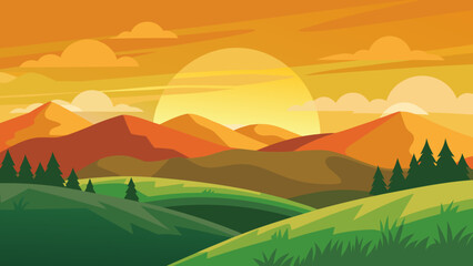 Fototapeta premium Hills and Meadow at Golden Hour Sunset a Tranquil Rural Scene