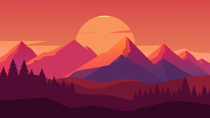 Flat Sunset Landscape with Distant Peaks and a Golden Horizon